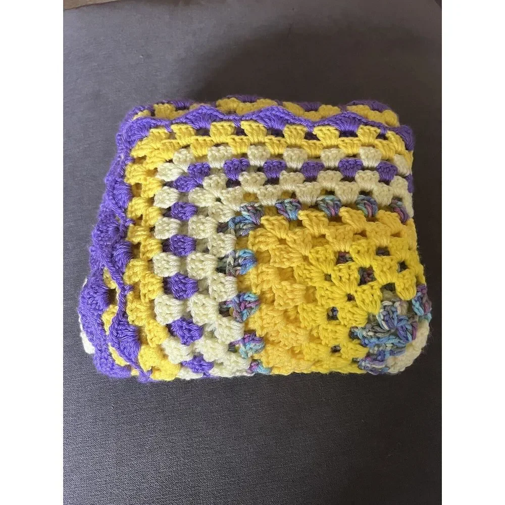 Crochet Afghan Purple Yellow Granny Blanket Cottagecore Lap Throw 48x40 Handmade